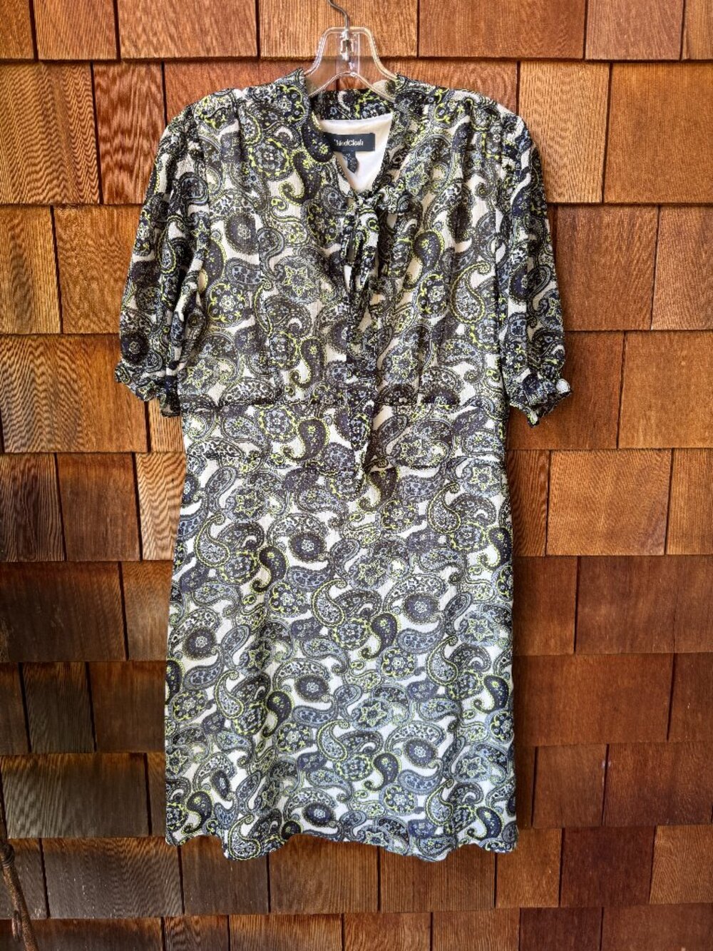 MODCLOTH Gray/Lime Paisley Print Short Sleeve Chiffon Dress in Women's X-Large